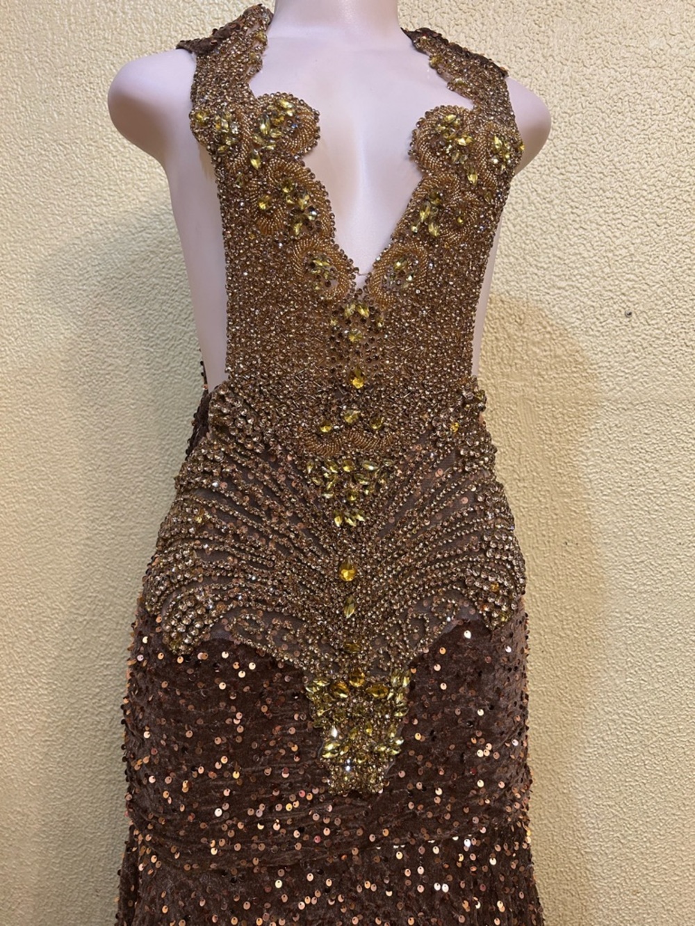 Backless Brown Sequin Evening Gown with Gold Embellishment - Picture 7 of 15